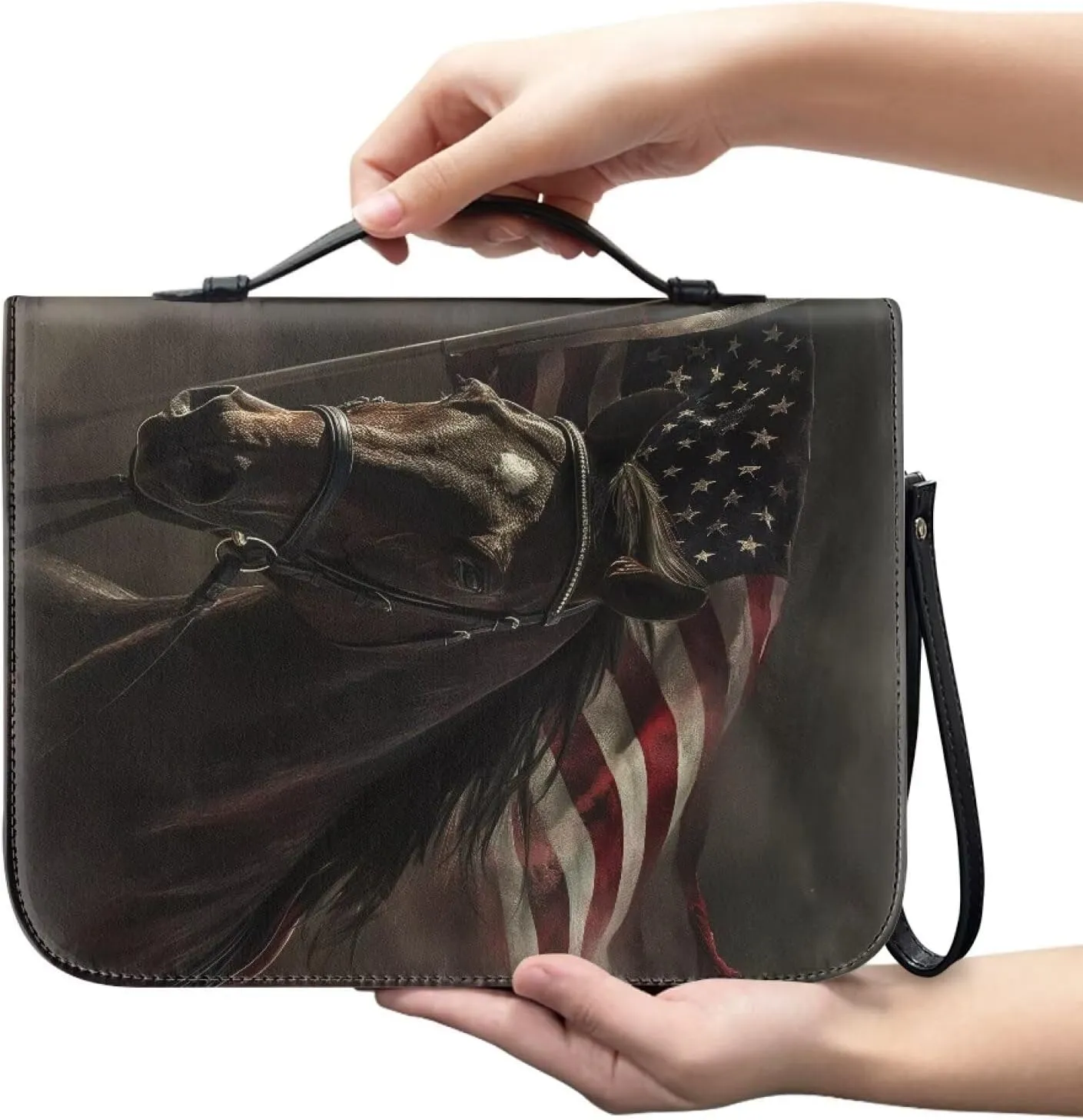 American Flag Horse Print Leather Bible Cover for Women Men Lightweight Bible Carrying Case Waterproof Bible Carrier with Detachable Wristlet Strap Church Bag for Religious Bible Gift, L