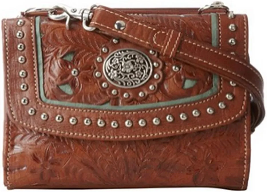 American Western Handtooled Leather Try Fold Wallet Cross