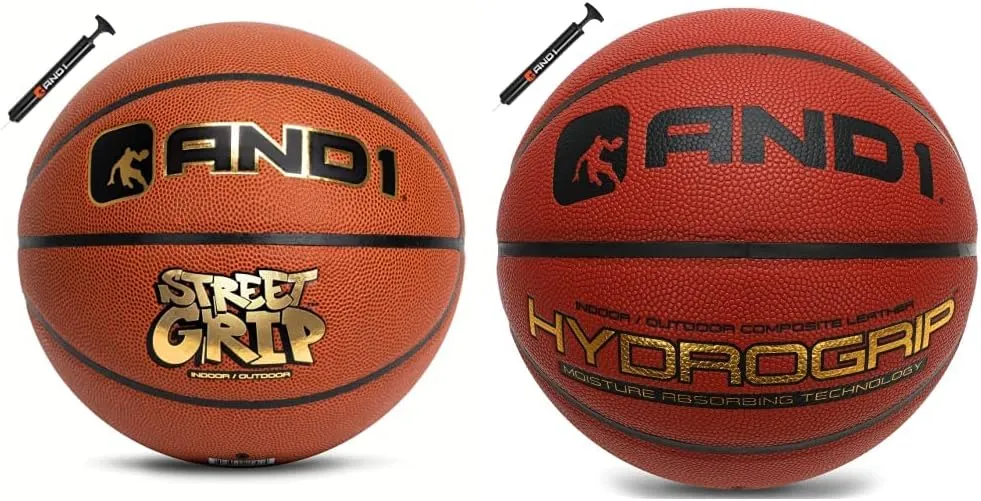 AND1 Street Grip Premium Composite Leather Basketball & Pump Bundle- Official Size 7 (29.5”) Streetball, Made for Indoor and Outdoor Basketball Games