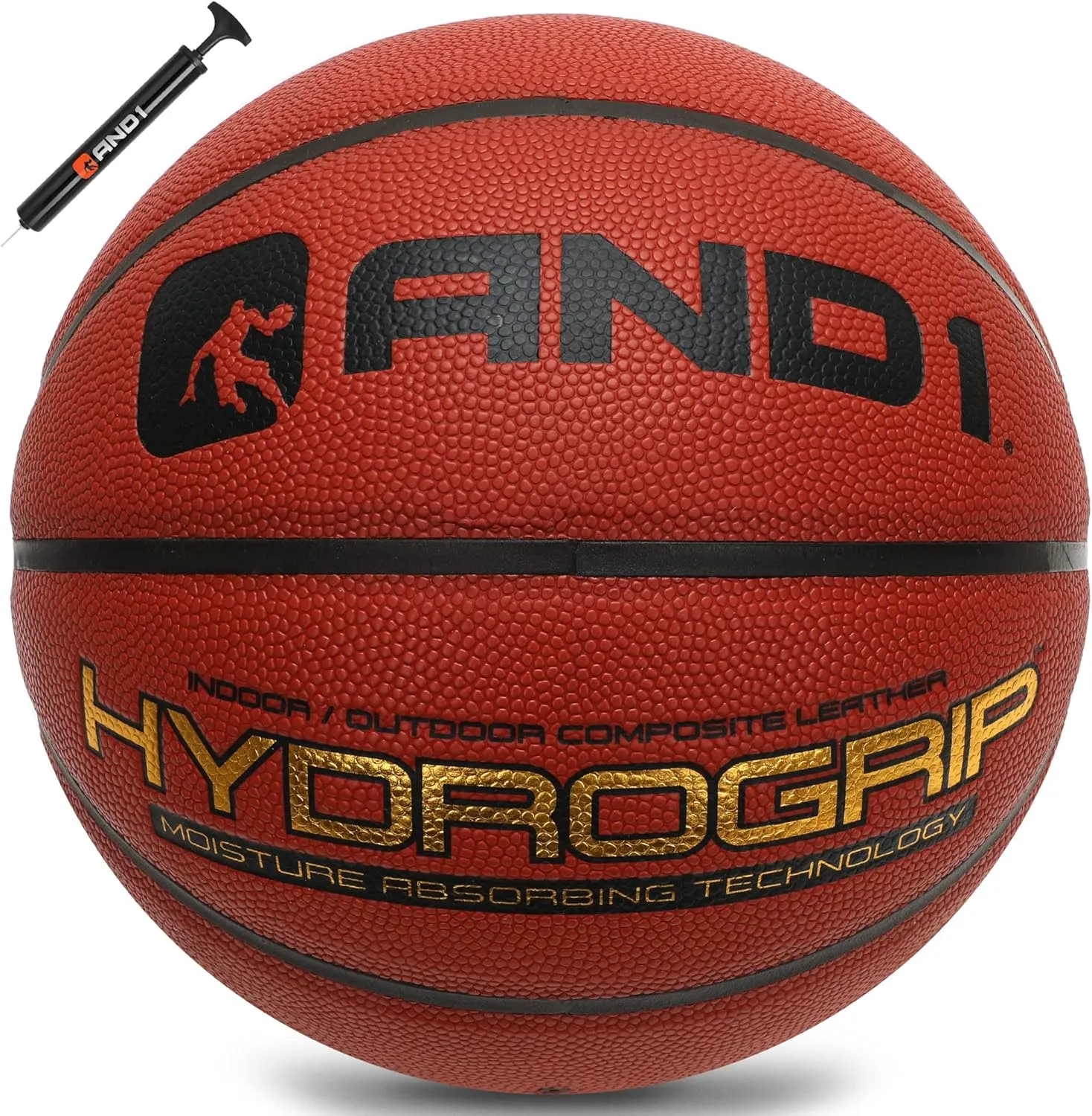 AND1 Street Grip Premium Composite Leather Basketball & Pump Bundle- Official Size 7 (29.5”) Streetball, Made for Indoor and Outdoor Basketball Games