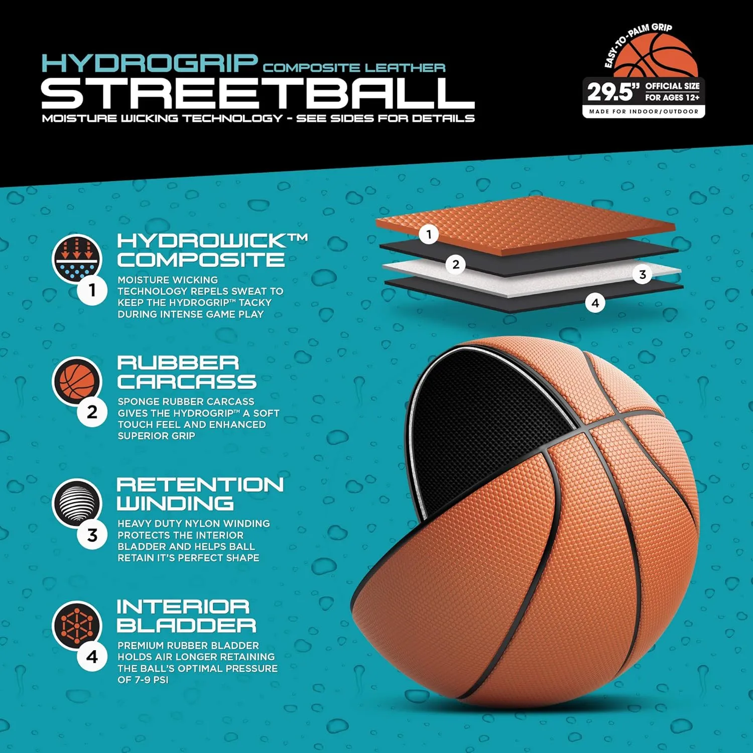 AND1 Street Grip Premium Composite Leather Basketball & Pump Bundle- Official Size 7 (29.5”) Streetball, Made for Indoor and Outdoor Basketball Games