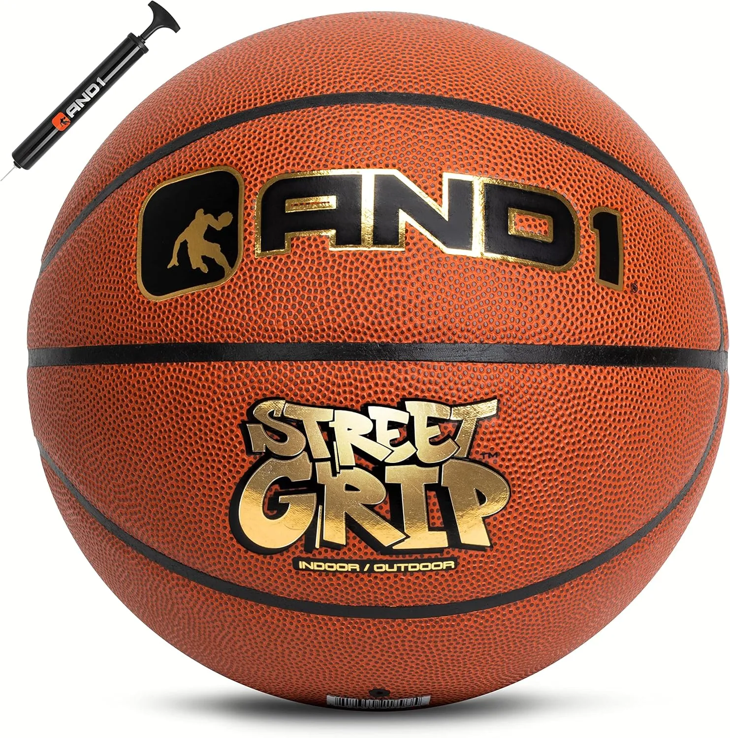 AND1 Street Grip Premium Composite Leather Basketball & Pump Bundle- Official Size 7 (29.5”) Streetball, Made for Indoor and Outdoor Basketball Games