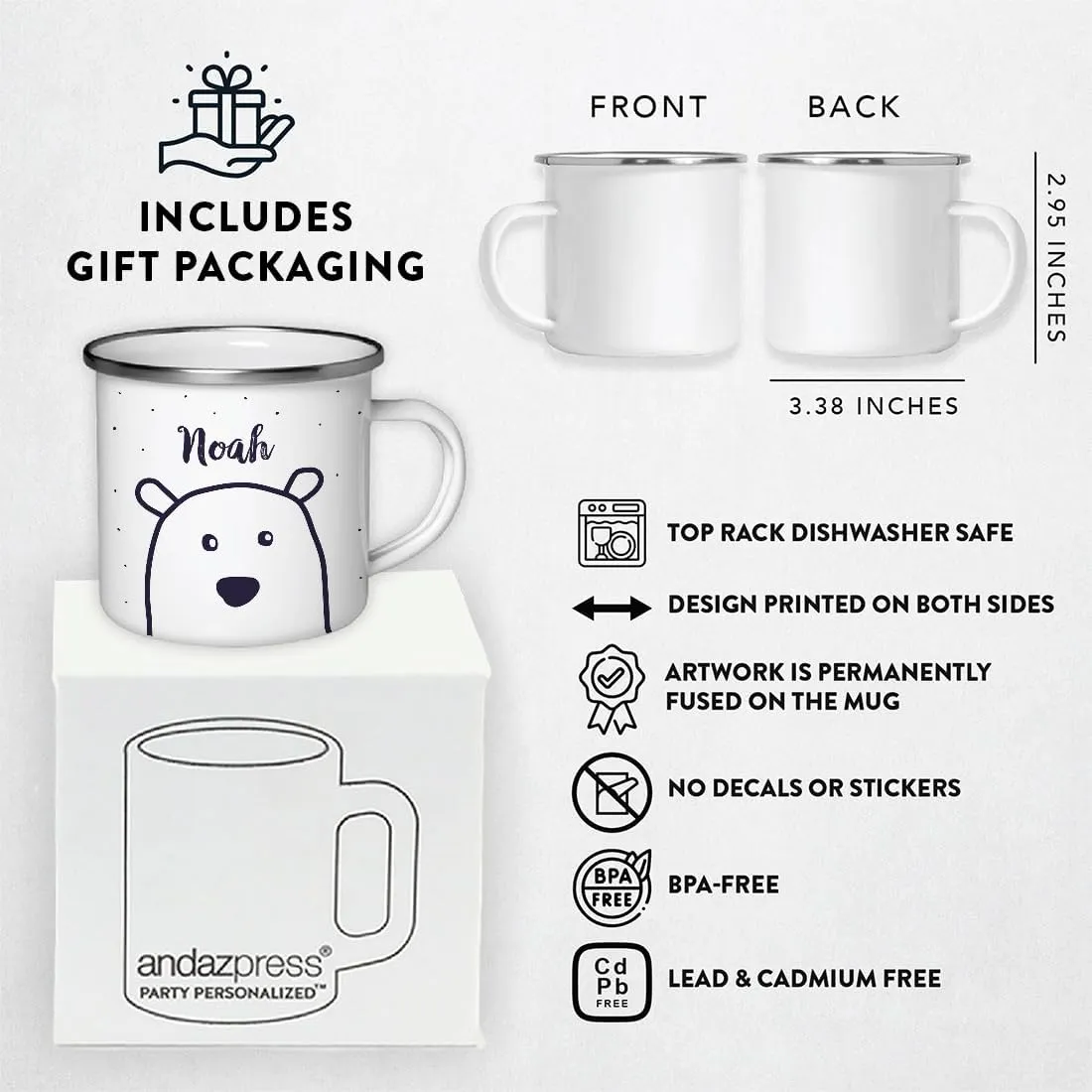 Andaz Press Personalized 11oz. Christmas Hot Chocolate Stainless Steel Campfire Coffee Mug Gift, Polar Bear 1-Pack Custom Name Enamel Metal Camp Cup, Includes Box Polar Bear Kids Hot Chocolate Mug