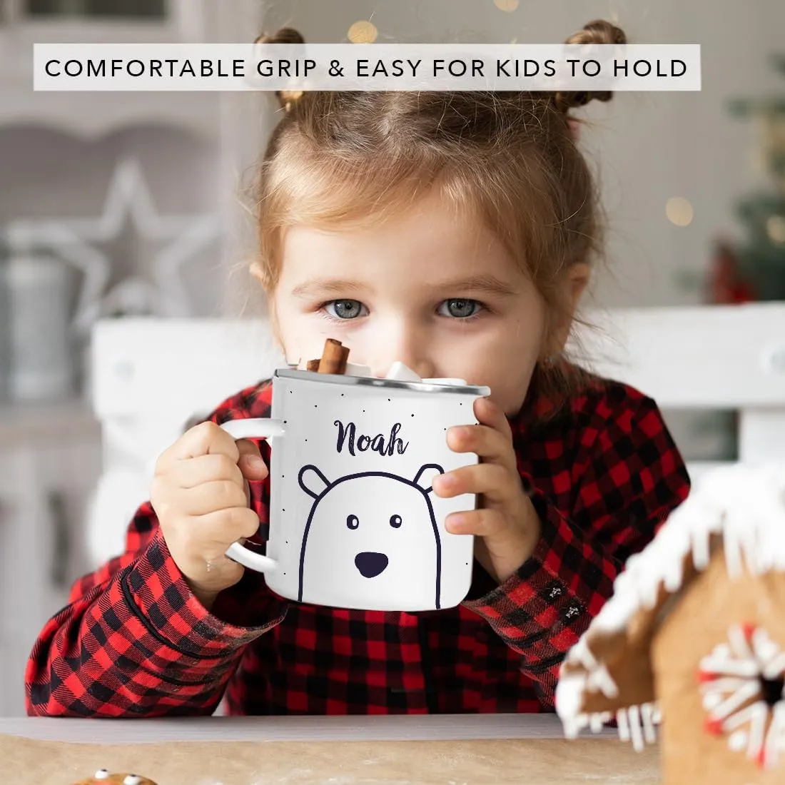Andaz Press Personalized 11oz. Christmas Hot Chocolate Stainless Steel Campfire Coffee Mug Gift, Polar Bear 1-Pack Custom Name Enamel Metal Camp Cup, Includes Box Polar Bear Kids Hot Chocolate Mug