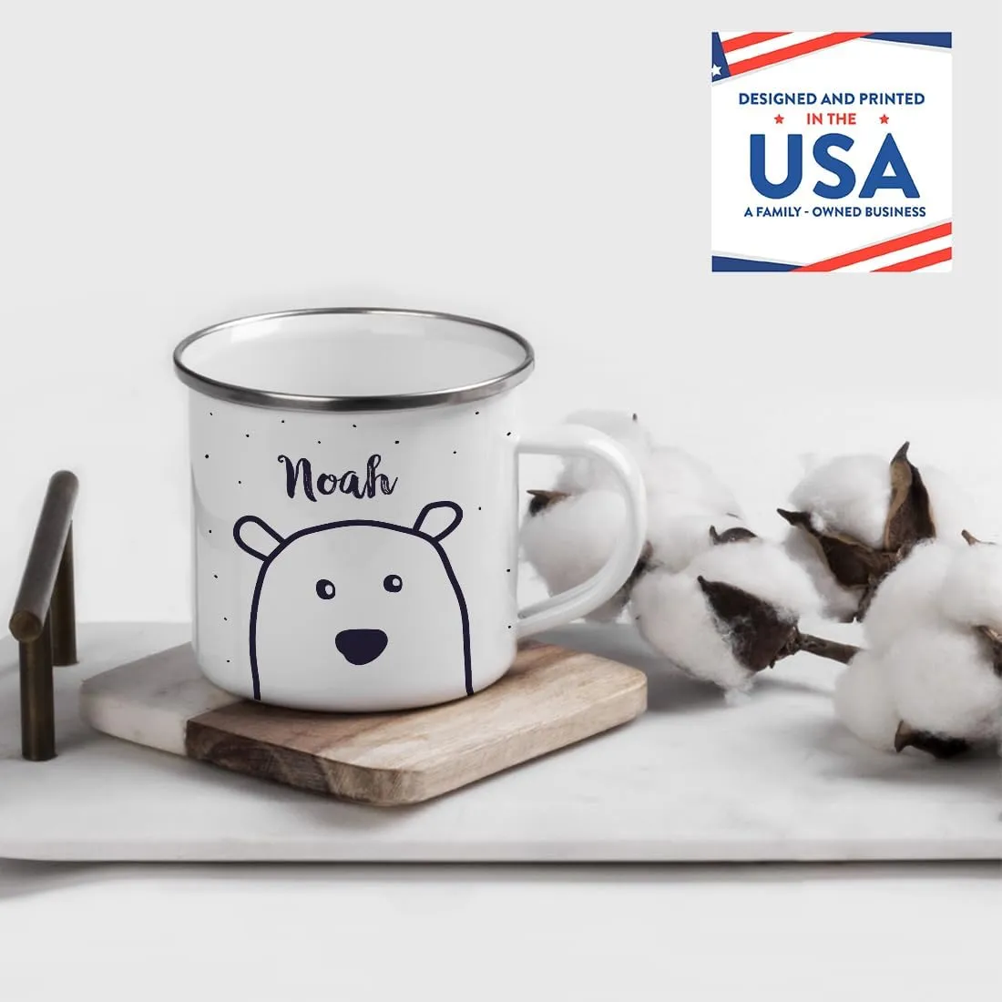 Andaz Press Personalized 11oz. Christmas Hot Chocolate Stainless Steel Campfire Coffee Mug Gift, Polar Bear 1-Pack Custom Name Enamel Metal Camp Cup, Includes Box Polar Bear Kids Hot Chocolate Mug