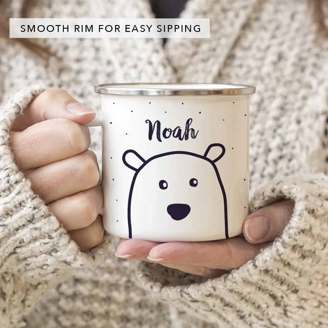 Andaz Press Personalized 11oz. Christmas Hot Chocolate Stainless Steel Campfire Coffee Mug Gift, Polar Bear 1-Pack Custom Name Enamel Metal Camp Cup, Includes Box Polar Bear Kids Hot Chocolate Mug