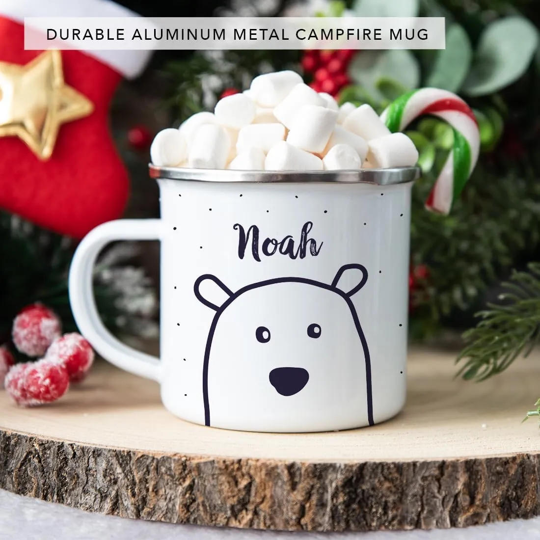 Andaz Press Personalized 11oz. Christmas Hot Chocolate Stainless Steel Campfire Coffee Mug Gift, Polar Bear 1-Pack Custom Name Enamel Metal Camp Cup, Includes Box Polar Bear Kids Hot Chocolate Mug