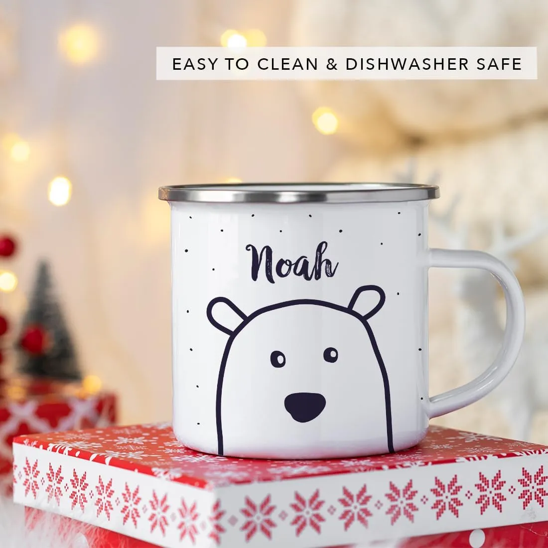 Andaz Press Personalized 11oz. Christmas Hot Chocolate Stainless Steel Campfire Coffee Mug Gift, Polar Bear 1-Pack Custom Name Enamel Metal Camp Cup, Includes Box Polar Bear Kids Hot Chocolate Mug