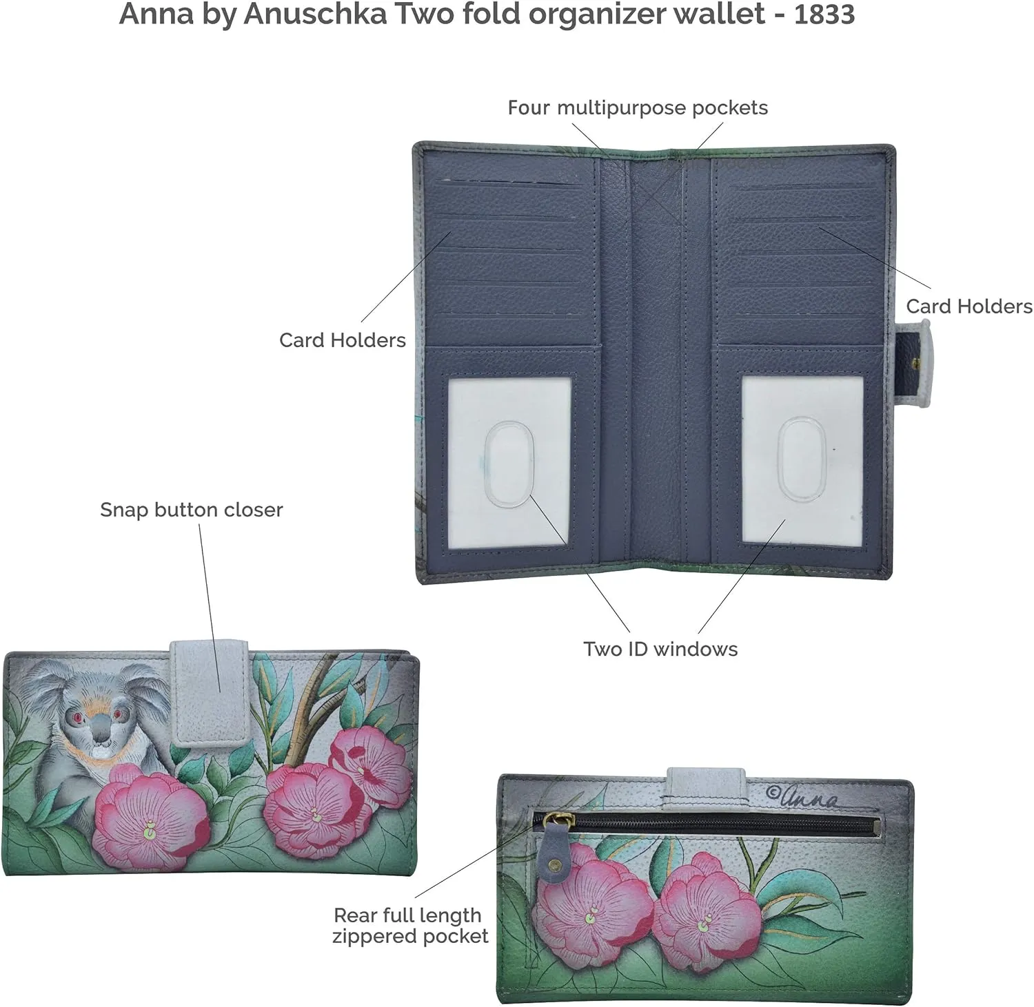 Anna by Anuschka Women's Original Leather Hand-Painted Two Fold Organizer Wallet