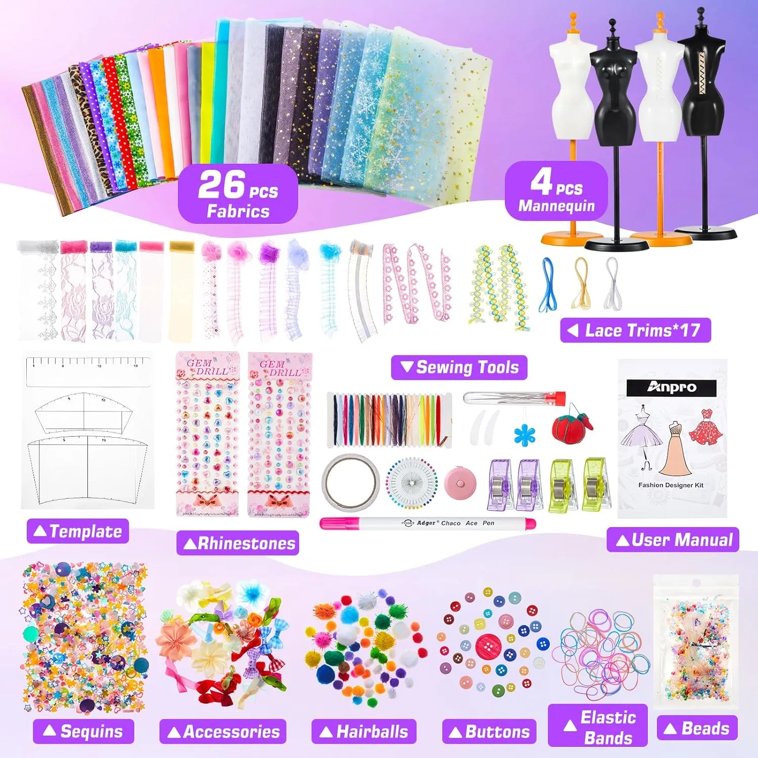 Anpro 700 Pcs Fashion Designer Kit for Girls with 4 Mannequins, DIY Arts & Crafts Kit for Age 6-12 Toys, Doll Clothes Making Sewing Kit - Perfect Teen ' Birthday for Age 6  -Pink