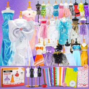 Anpro 700 Pcs Fashion Designer Kit for Girls with 4 Mannequins, DIY Arts & Crafts Kit for Age 6-12 Toys, Doll Clothes Making Sewing Kit - Perfect Teen ' Birthday for Age 6  -Pink