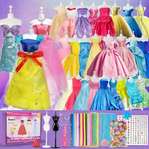 Anpro 700 Pcs Fashion Designer Kit for Girls with 4 Mannequins, DIY Arts & Crafts Kit for Girls Age 6-12 Toys, Doll Clothes Making Sewing Kit Colorful