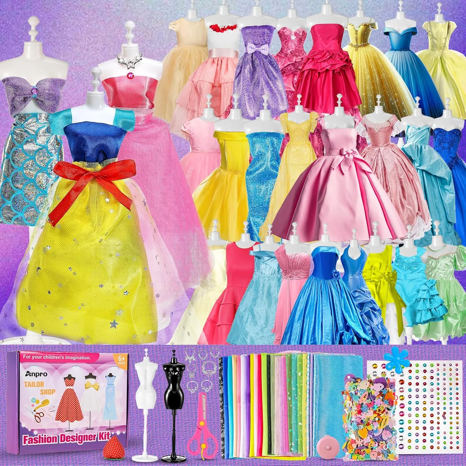 Anpro 700 Pcs Fashion Designer Kit for Girls with 4 Mannequins, DIY Arts & Crafts Kit for Girls Age 6-12 Toys, Doll Clothes Making Sewing Kit Colorful