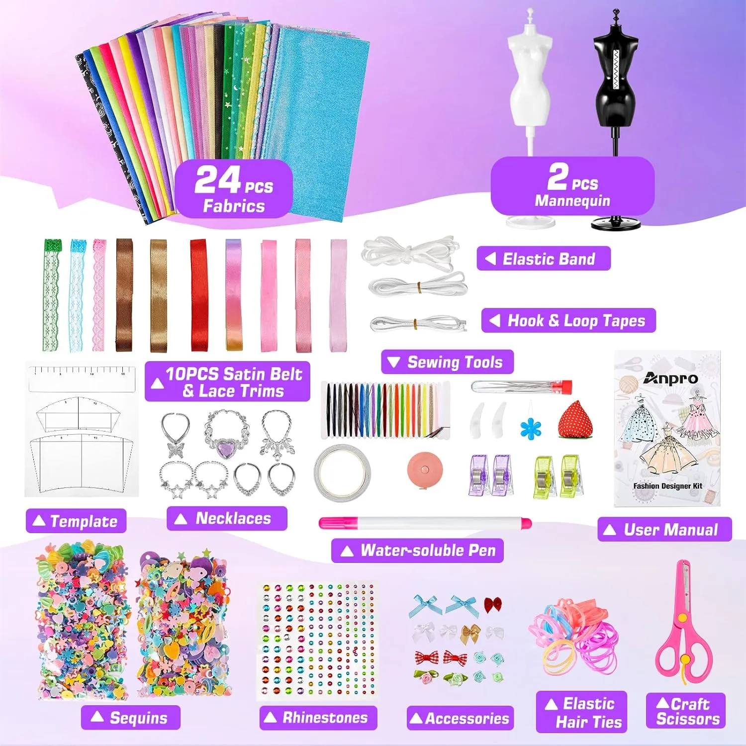 Anpro 700 Pcs Fashion Designer Kit for Girls with 4 Mannequins, DIY Arts & Crafts Kit for Girls Age 6-12 Toys, Doll Clothes Making Sewing Kit Colorful