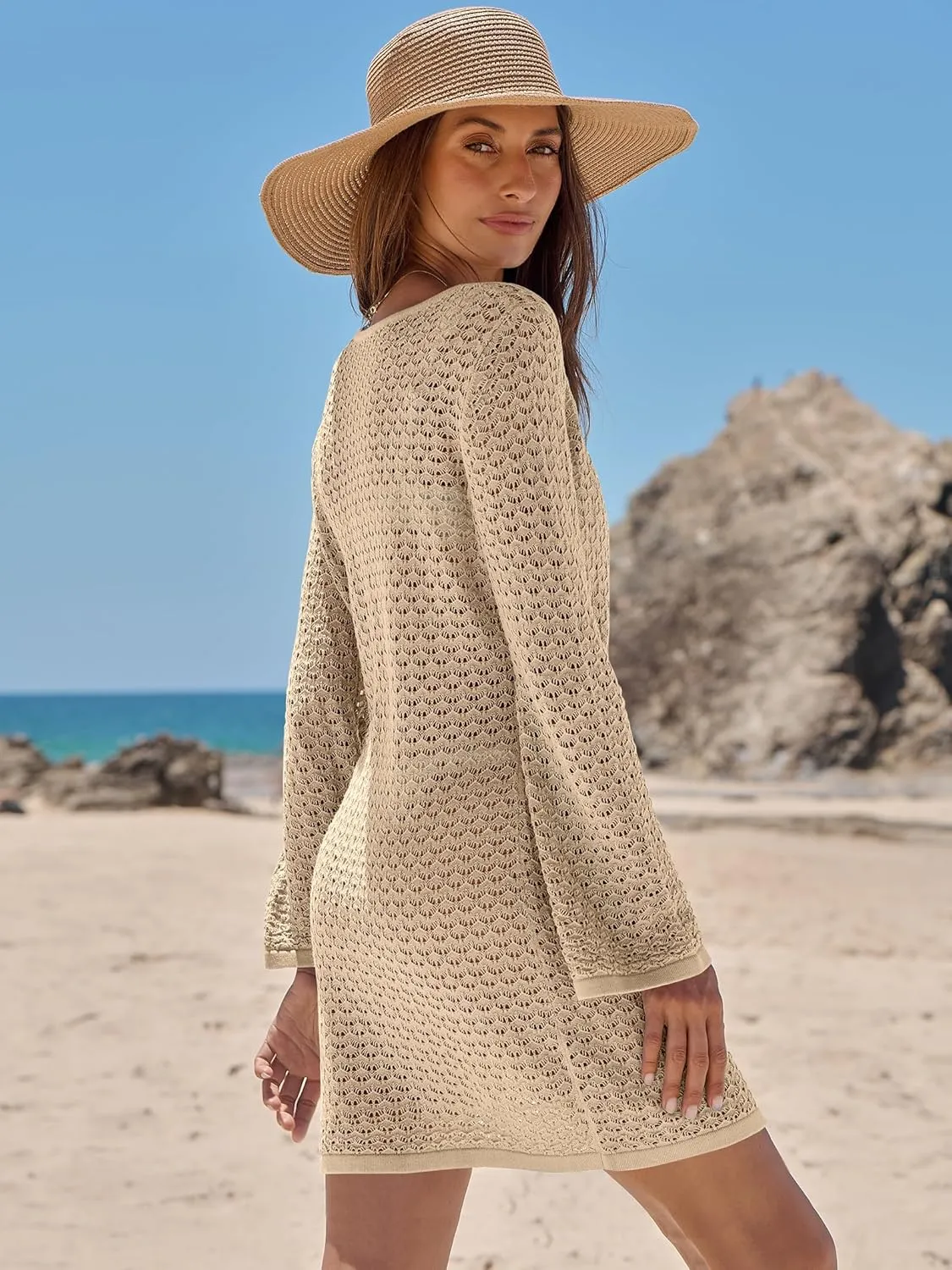 ANRABESS Beach Cover Ups for Women Crochet Swimsuit Bathing Suit Swimwear Bikini Mesh Knit Dress 2025 Summer Vacation Outfits