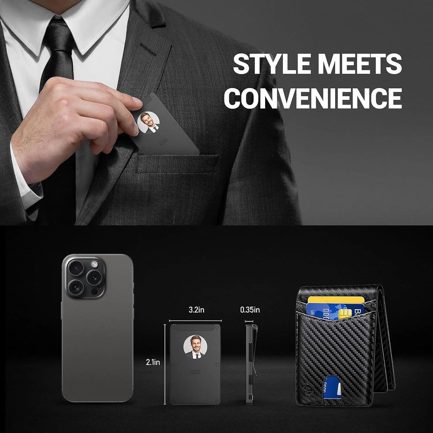 Anti theft wallet for men, Durable Slim Aluminum Card Trackable Wallet (IOS Only) with Customized Electronic photo/Text information, Slim RFID Credit Card Holder (Oxidized Black)