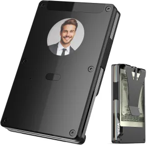 Anti theft wallet for men, Durable Slim Aluminum Card Trackable Wallet (IOS Only) with Customized Electronic photo/Text information, Slim RFID Credit Card Holder (Oxidized Black)