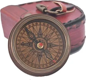 Antique Brass Pocket Compass with Leather Case, Push Open Design, for Travel, Hiking, Navigation by Royal Replica