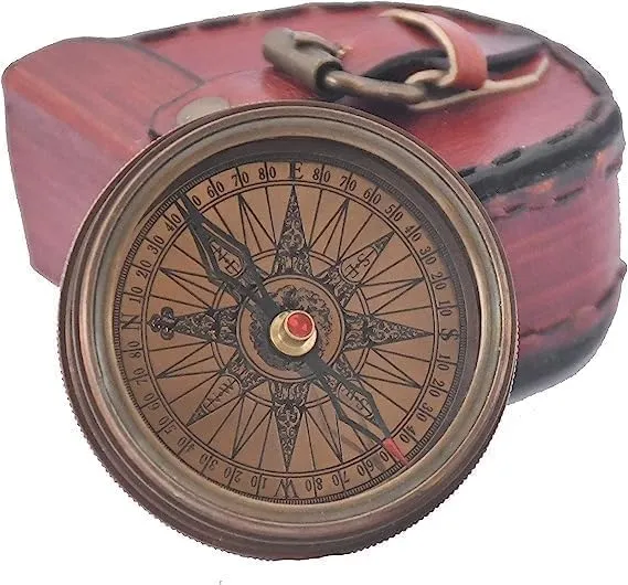 Antique Brass Pocket Compass with Leather Case, Push Open Design, for Travel, Hiking, Navigation by Royal Replica