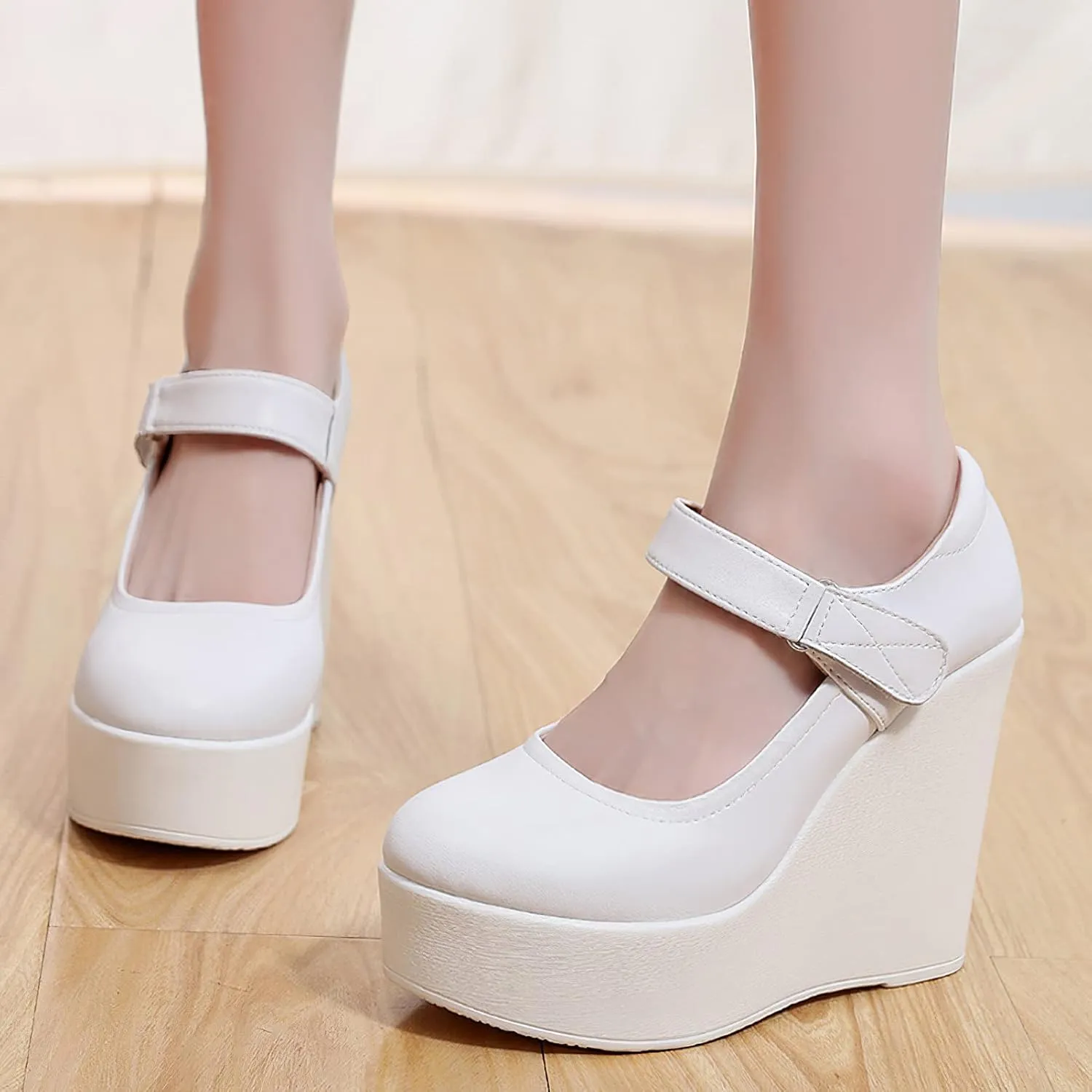 ANUFER Women's High Platform Wedge Heel Mary Jane Shoes Hook&Loop Ankle Strap Leather Pumps