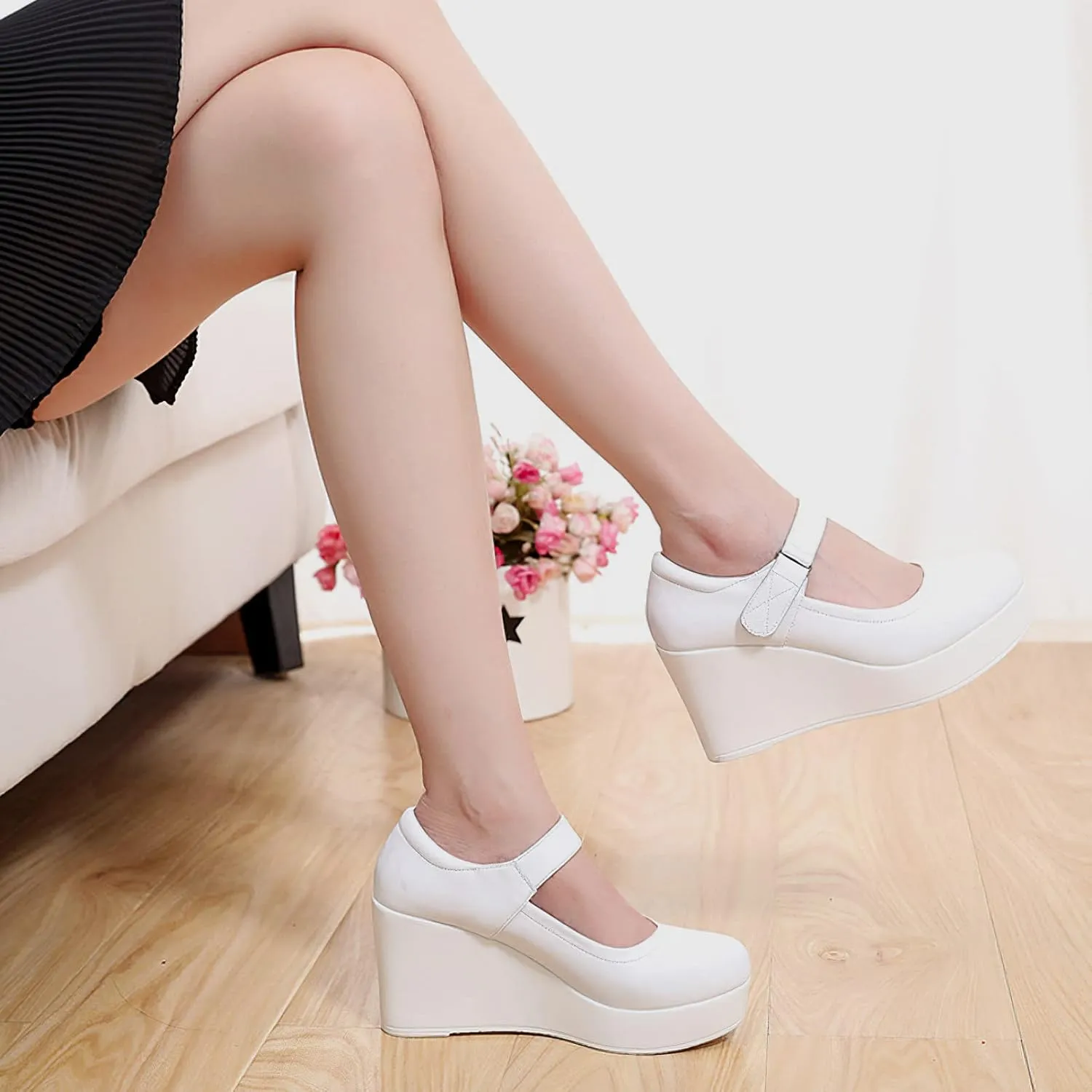 ANUFER Women's High Platform Wedge Heel Mary Jane Shoes Hook&Loop Ankle Strap Leather Pumps