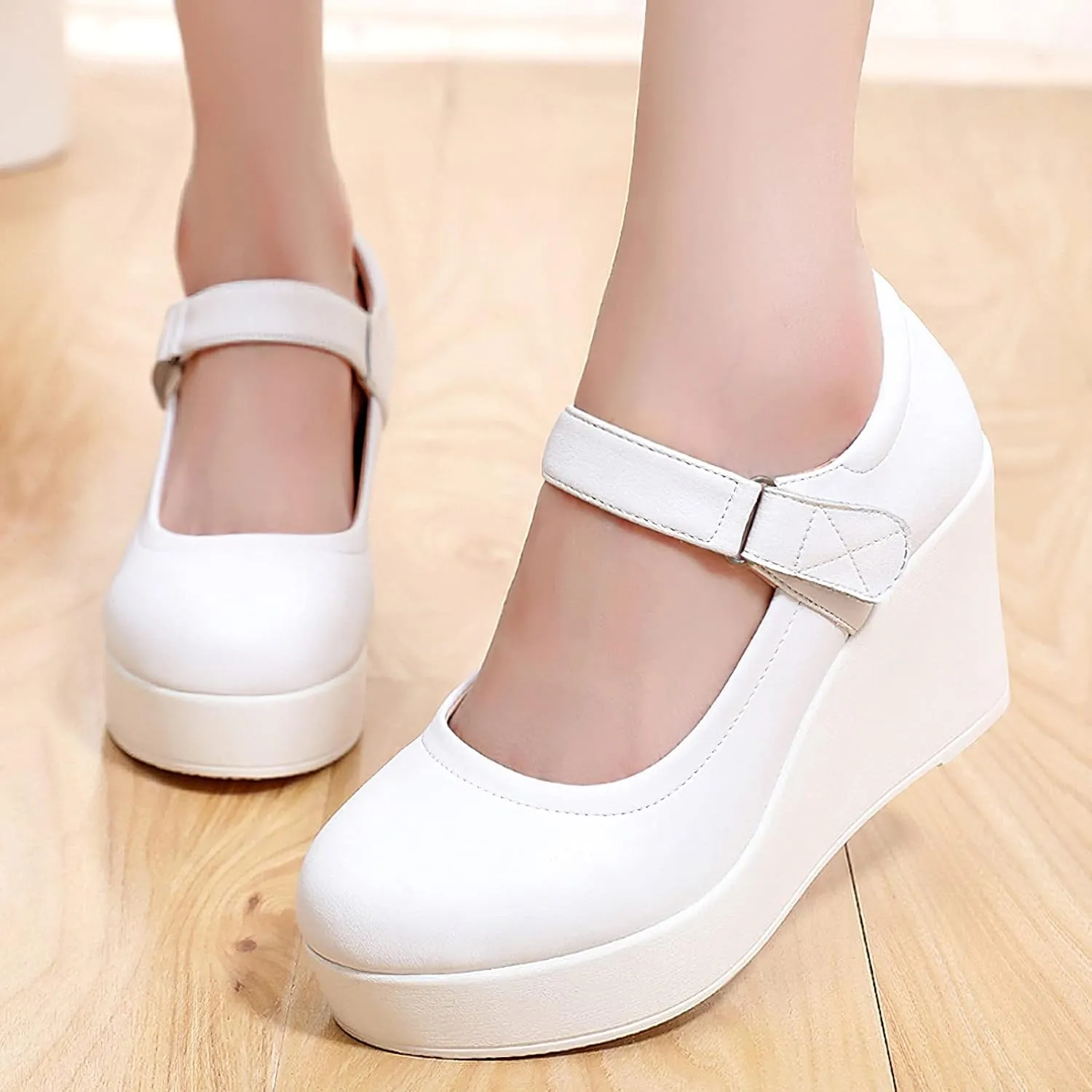 ANUFER Women's High Platform Wedge Heel Mary Jane Shoes Hook&Loop Ankle Strap Leather Pumps