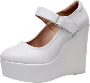 ANUFER Women's High Platform Wedge Heel Mary Jane Shoes Hook&Loop Ankle Strap Leather Pumps