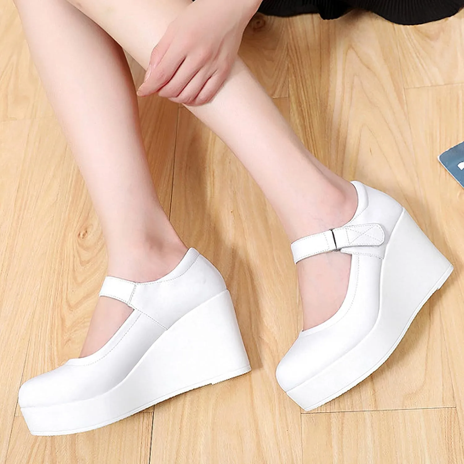 ANUFER Women's High Platform Wedge Heel Mary Jane Shoes Hook&Loop Ankle Strap Leather Pumps