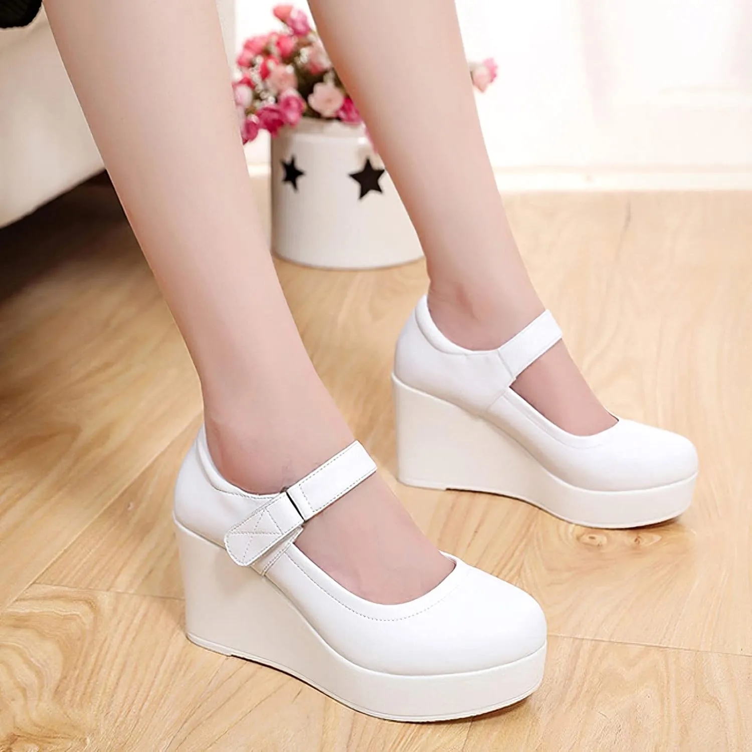 ANUFER Women's High Platform Wedge Heel Mary Jane Shoes Hook&Loop Ankle Strap Leather Pumps