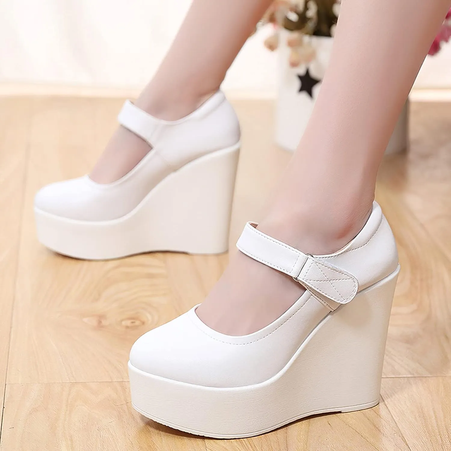 ANUFER Women's High Platform Wedge Heel Mary Jane Shoes Hook&Loop Ankle Strap Leather Pumps