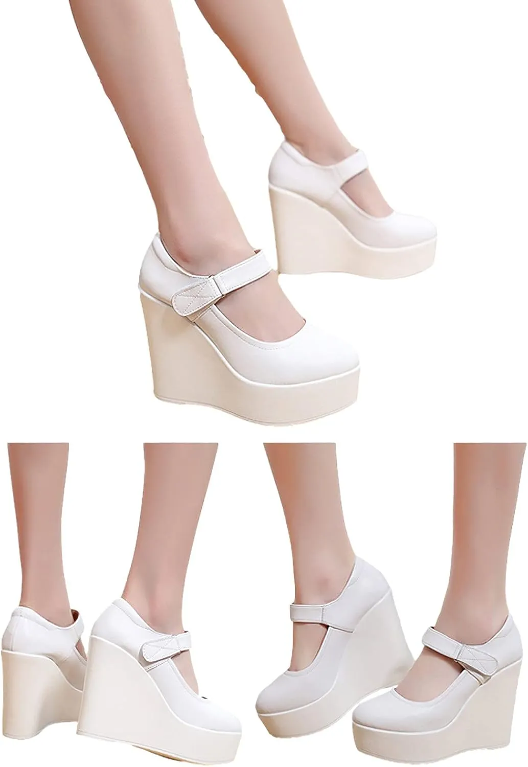ANUFER Women's High Platform Wedge Heel Mary Jane Shoes Hook&Loop Ankle Strap Leather Pumps