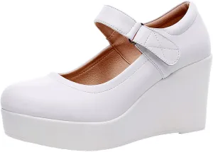 ANUFER Women's High Platform Wedge Heel Mary Jane Shoes Hook&Loop Ankle Strap Leather Pumps