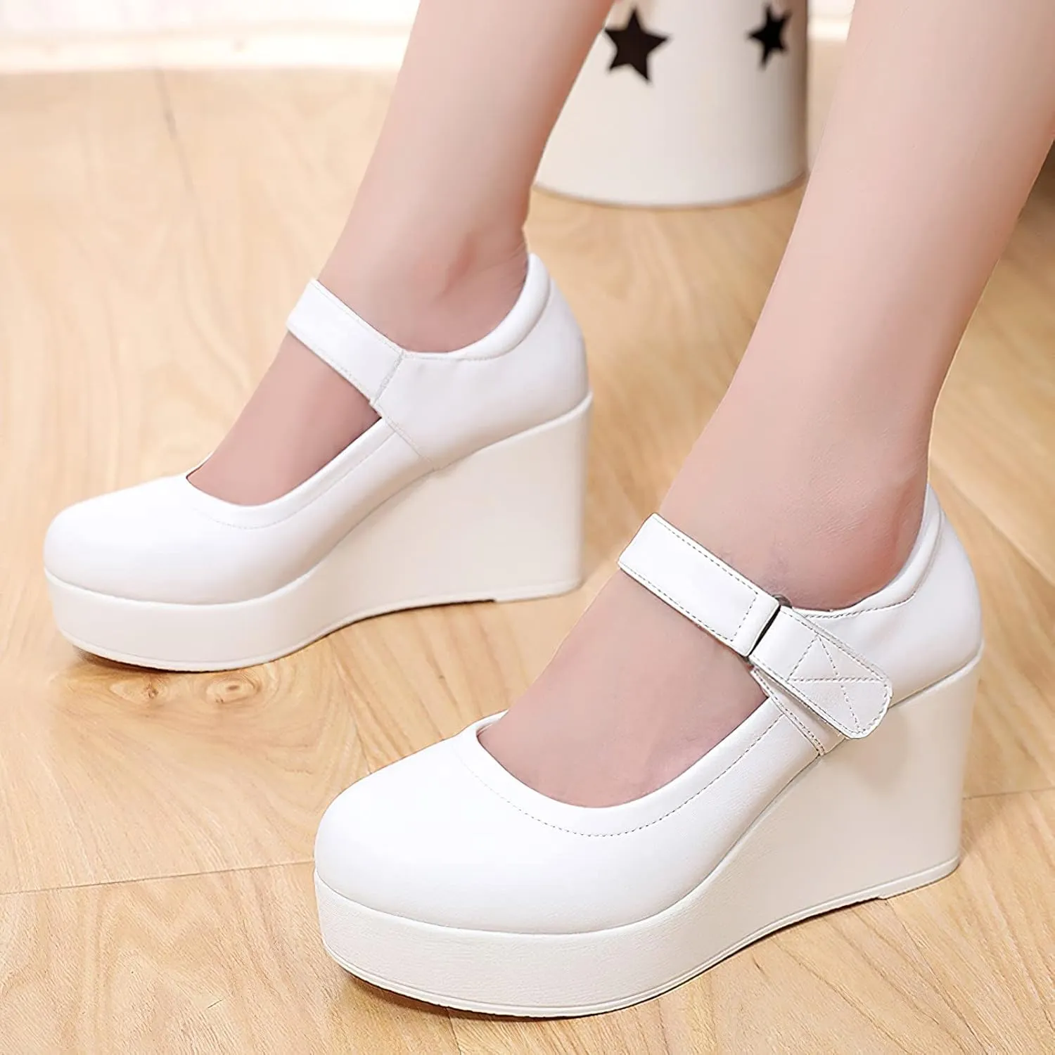 ANUFER Women's High Platform Wedge Heel Mary Jane Shoes Hook&Loop Ankle Strap Leather Pumps