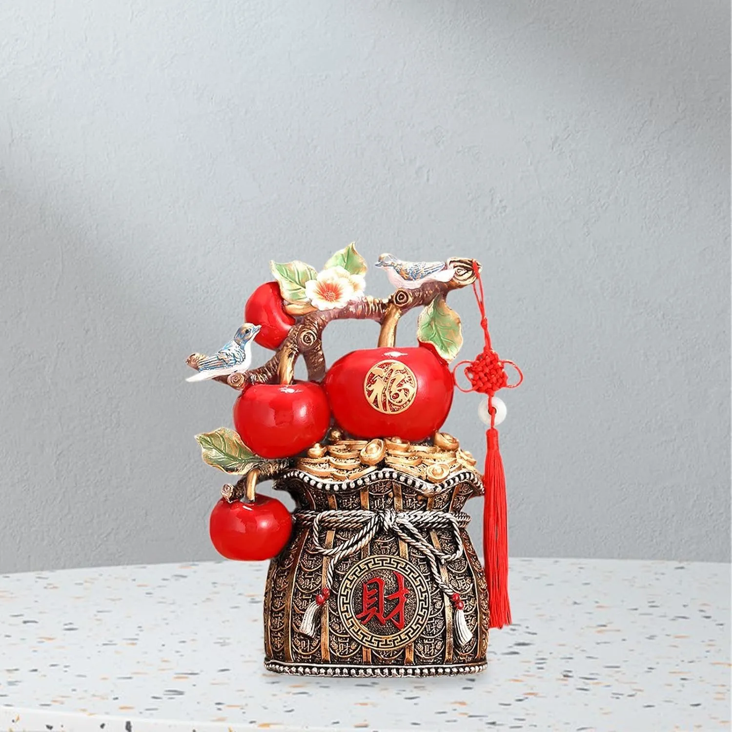 Apple Money Bag Statue Resin Figurine Crafts Decorative Ornament Sculpture for Hallway Housewarming Indoor Table Centerpieces, Bronze Base