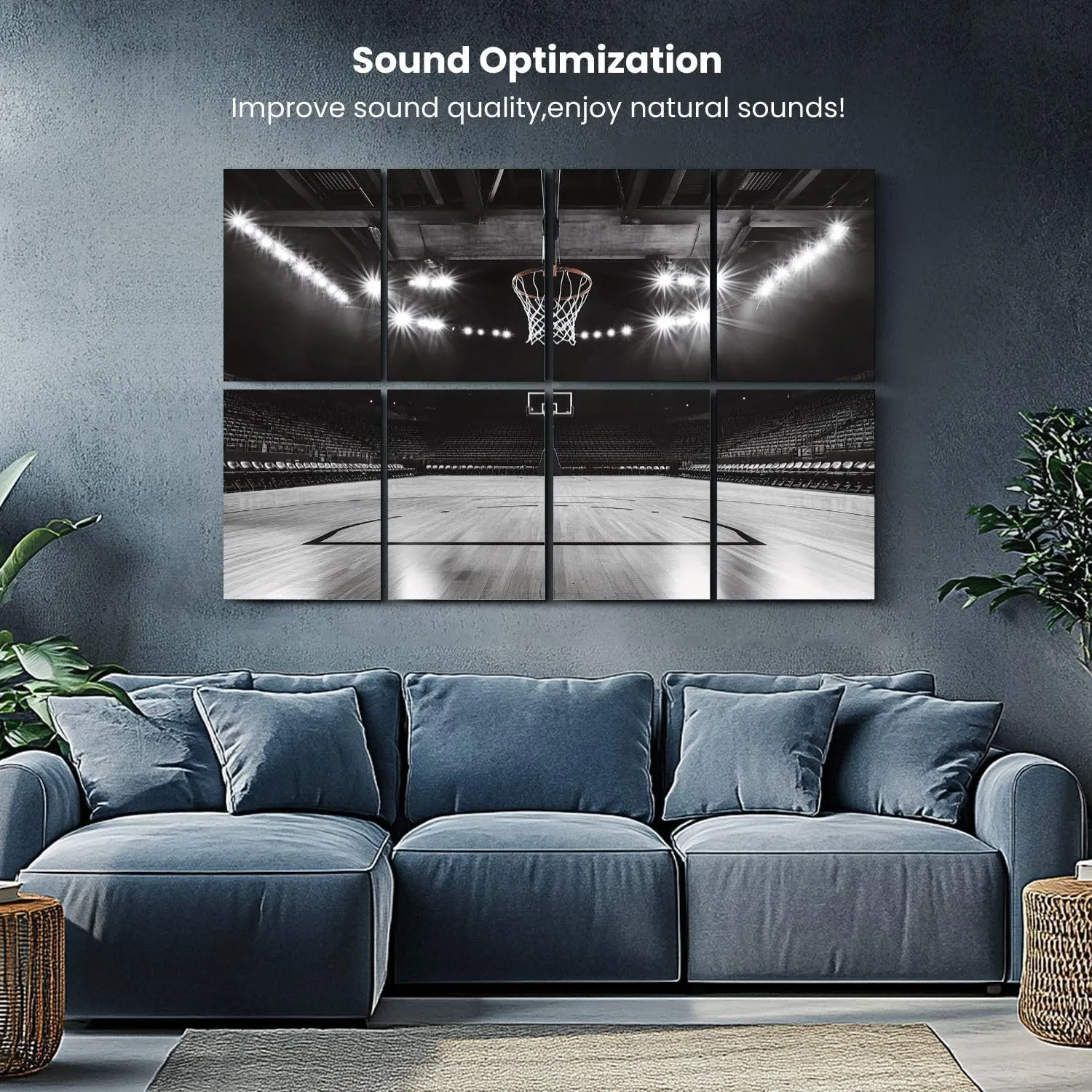 Art Acoustic Panels Basketball Court Black White Sports Hoop Stadium Lights Empty Seats 8 Pack Decorative Sound Absorbing Wall Panels 48x32" Noise Canceling Soundproof Padding Room Decor for Office