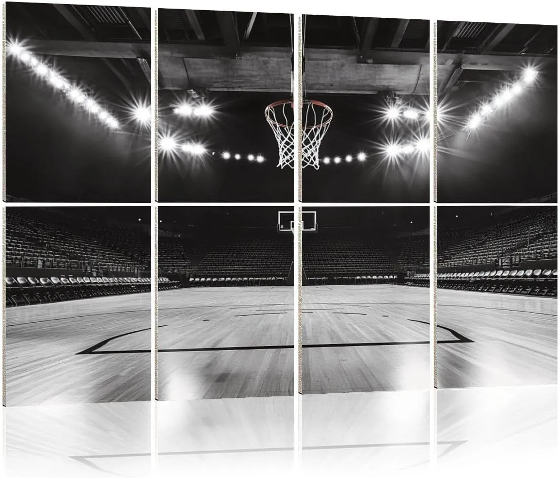 Art Acoustic Panels Basketball Court Black White Sports Hoop Stadium Lights Empty Seats 8 Pack Decorative Sound Absorbing Wall Panels 48x32" Noise Canceling Soundproof Padding Room Decor for Office