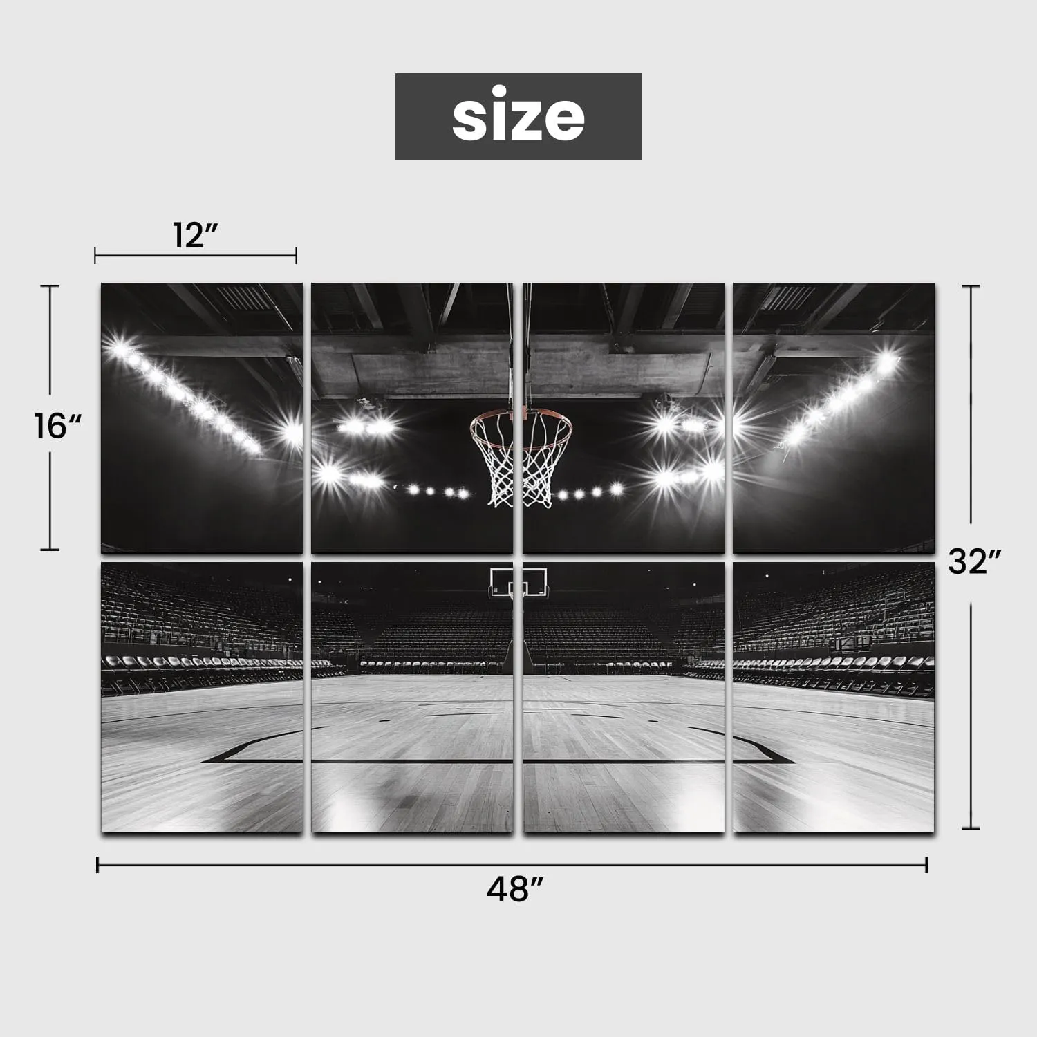 Art Acoustic Panels Basketball Court Black White Sports Hoop Stadium Lights Empty Seats 8 Pack Decorative Sound Absorbing Wall Panels 48x32" Noise Canceling Soundproof Padding Room Decor for Office