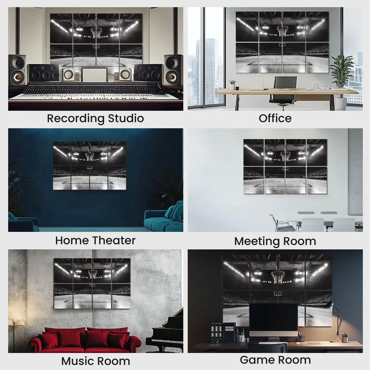 Art Acoustic Panels Basketball Court Black White Sports Hoop Stadium Lights Empty Seats 8 Pack Decorative Sound Absorbing Wall Panels 48x32" Noise Canceling Soundproof Padding Room Decor for Office