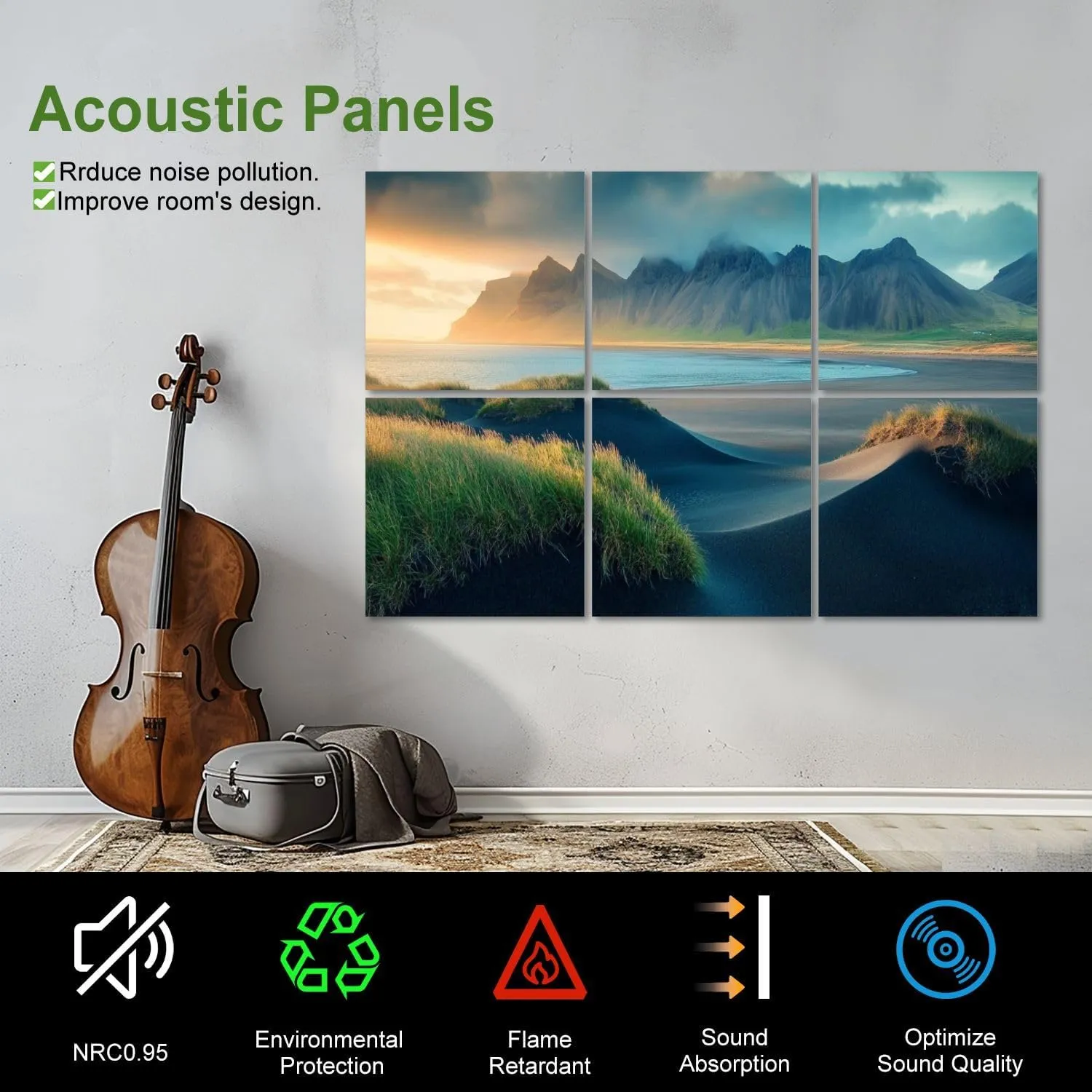 Art Acoustic Panels Self Adhesive Black sand dunes Stokksnes headland 6 Packs Decorative Soundproof Wall Panels Large Sound Absorbing Panels for Home Office 48"x72"