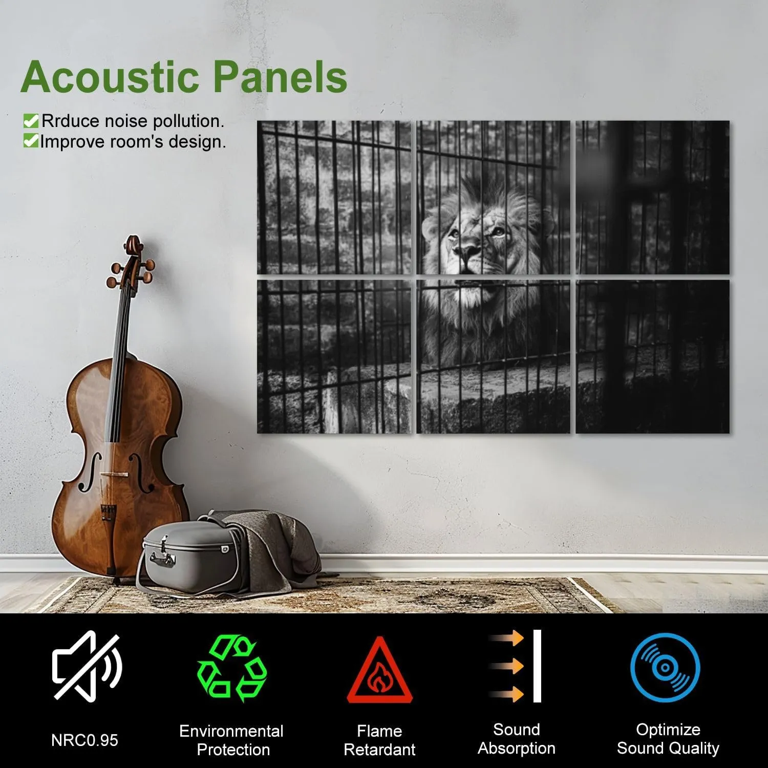 Art Acoustic Panels Self Adhesive King behind bars 6 Packs Decorative Soundproof Wall Panels Large Sound Absorbing Panels for Home Office 48"x72"