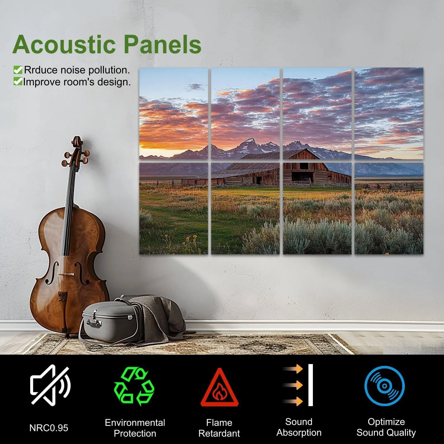 Art Acoustic Panels Self Adhesive Moulton Barn Grand Teton Wyoming 8 Packs Decorative Soundproof Wall Panels Large Sound Absorbing Panels for Home Office 48"x32"