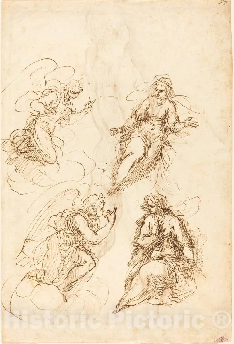 Art Print : Jacopo Palma il Giovane, Studies for an Annunciation [Recto], Historic Wall Décor : 08in x 12in