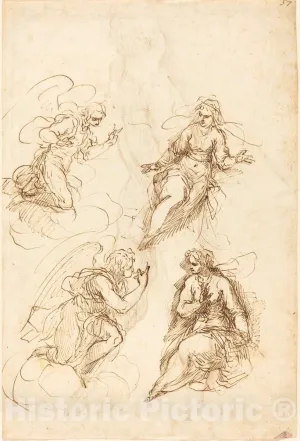 Art Print : Jacopo Palma il Giovane, Studies for an Annunciation [Recto], Historic Wall Décor : 08in x 12in
