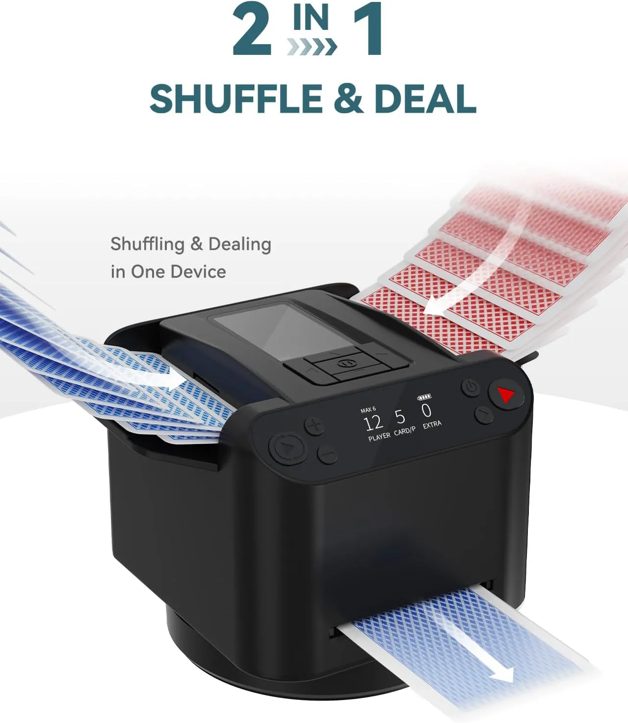 Automatic Card Shuffler and Dealer - 1-2 Decks Support 12 Players, 4 Drawing Remotes, Built-in Gameplays, 360°/180° Deal, for Poker, UNO, Phase 10, Skip-Bo, Rummy (Black)