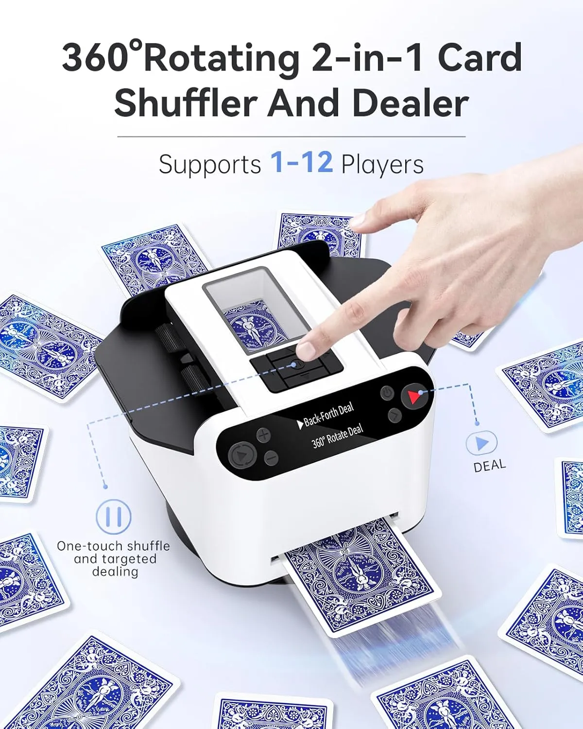 Automatic Card Shuffler and Dealer 2-in-1, 2 Deck 360° Rotating Dealing Machine for 12 Players, 4 Drawing Remotes, Rechargeable Playing Card Shuffler Machine for UNO, Poker, Phase 10