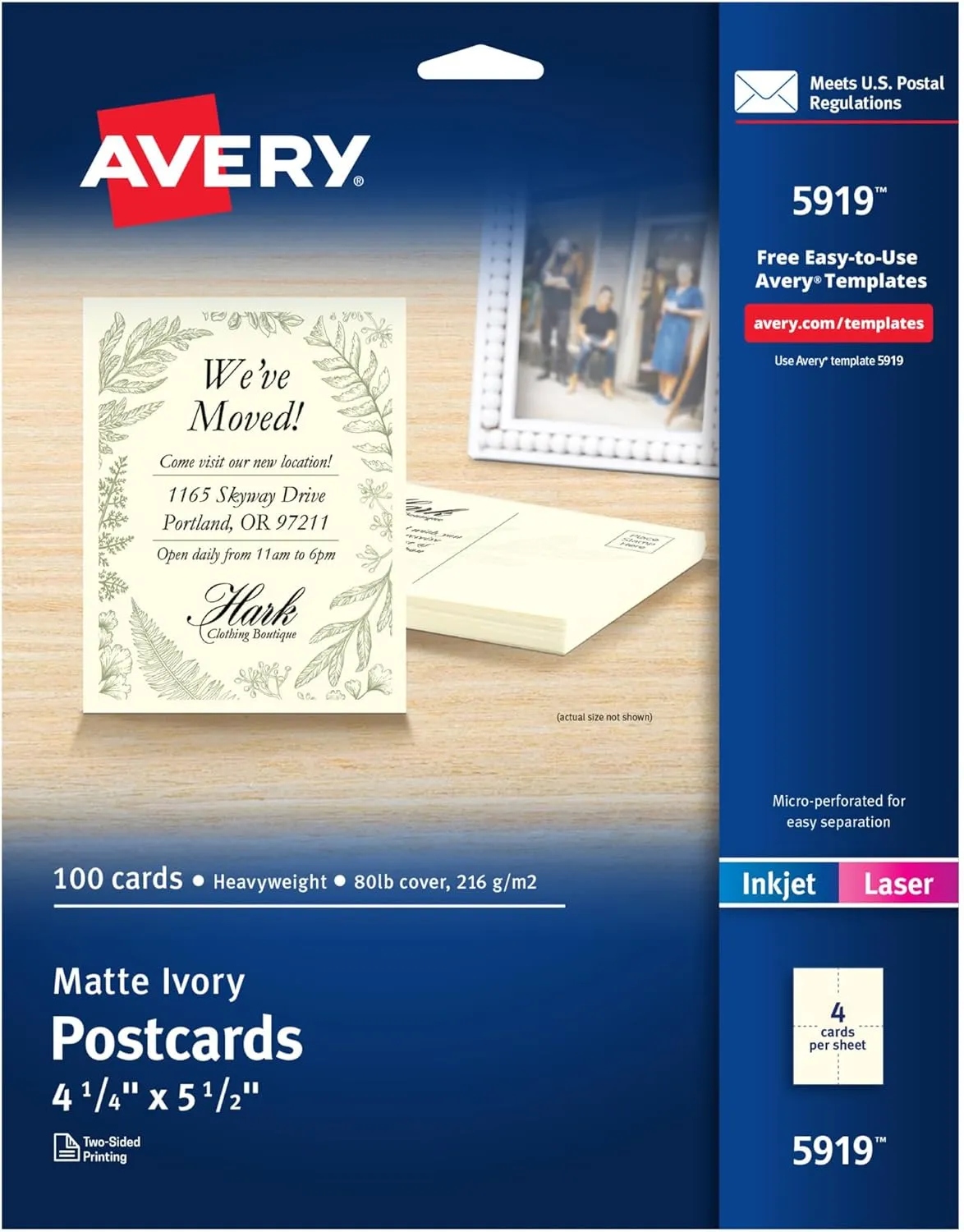 Avery Printable Postcards, 4.25" x 5.5", Ivory, 100 Blank Postcards for Laser and Inkjet Printers (5919)
