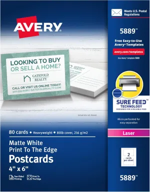 Avery Printable Postcards with Sure Feed Technology, 4" x 6", White, 80 Blank Postcards for Laser Printers (5889)