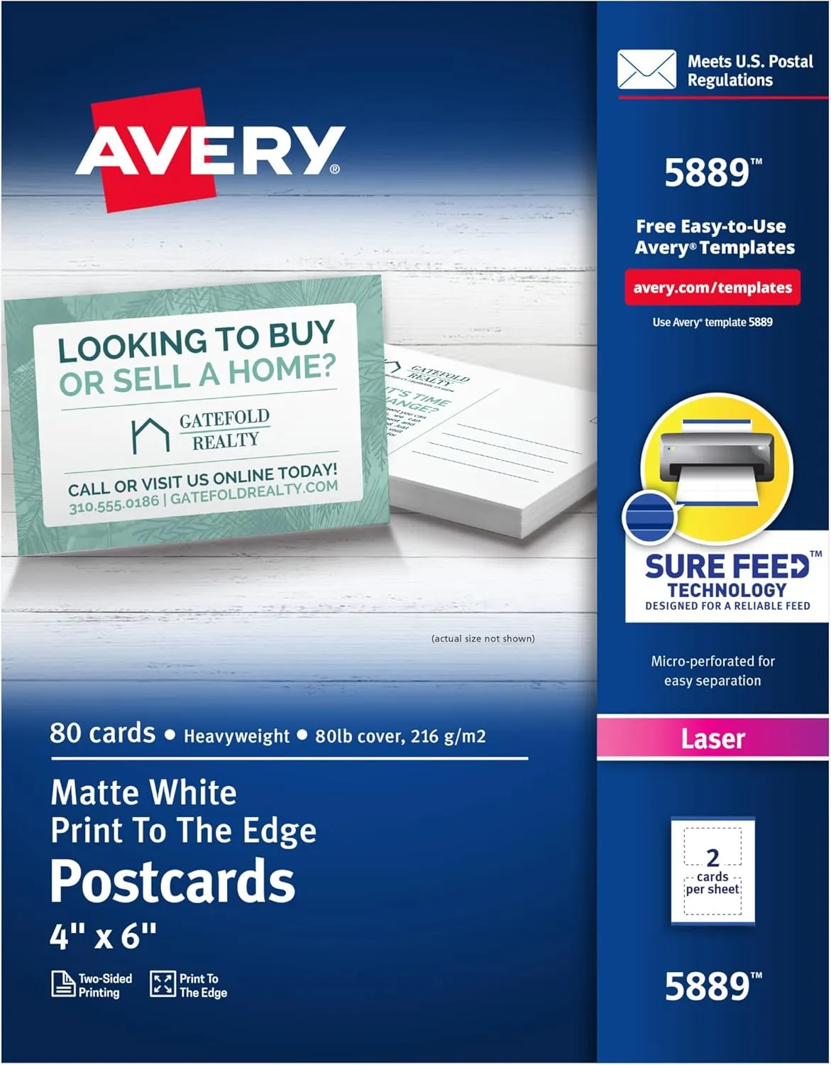 Avery Printable Postcards with Sure Feed Technology, 4" x 6", White, 80 Blank Postcards for Laser Printers (5889)