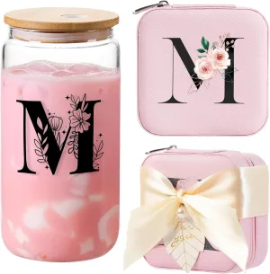 AYGXU Initial Glass Cups with Lids and Straws, Jewelry Case for Women, Jewelry Box Organizer, Coffee Cups, Travel Gifts for Women Essentials, Initial M Pink