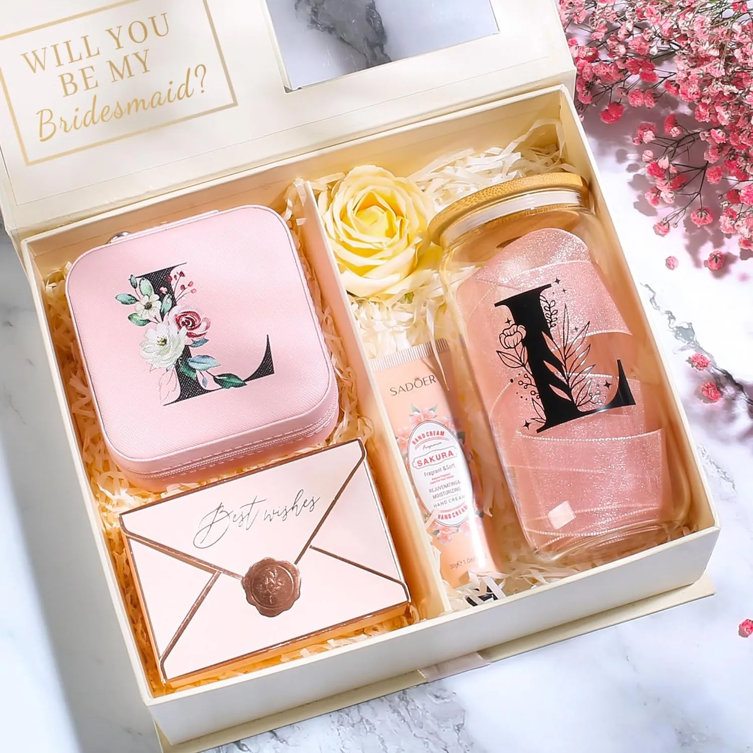 AYGXU Initial Glass Cups with Lids and Straws, Jewelry Case for Women, Jewelry Box Organizer, Coffee Cups, Travel Gifts for Women Essentials, Initial M Pink